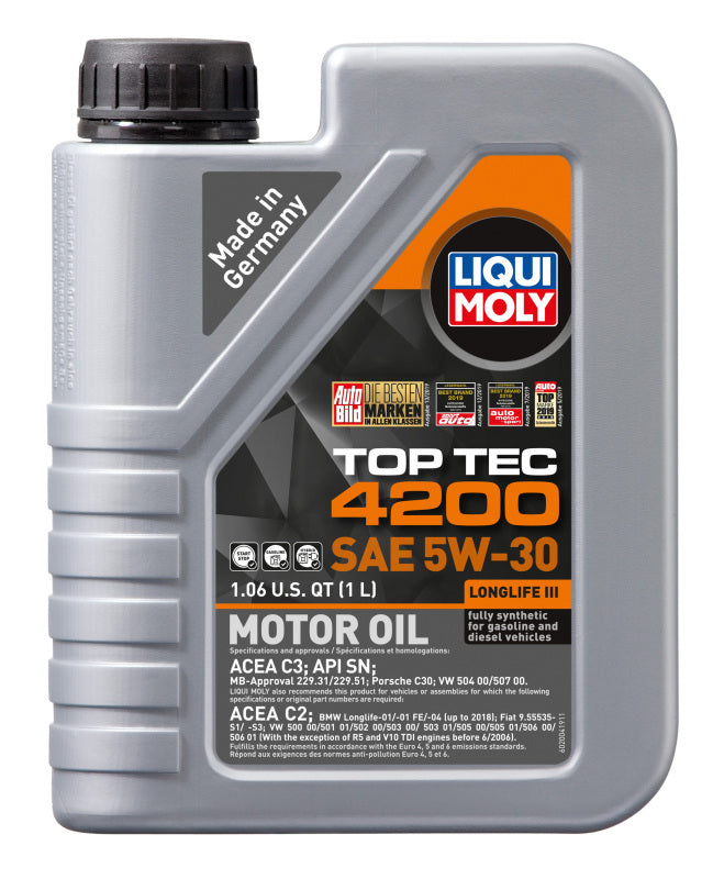 LIQUI MOLY Top Tec 4200 1L Synthetic Motor Oil SAE 5W-30 for BMW, Audi, Volkswagen, Mercedes-Benz, and Porsche