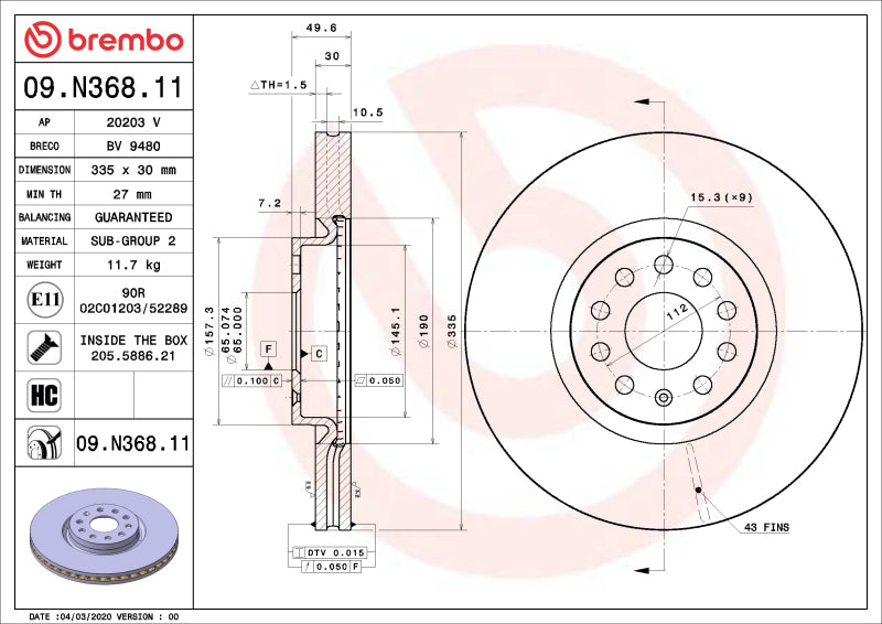 Brembo OE UV Coated Front Rotor for 2018-2020 Volkswagen Atlas and Lexus ES Models - Part 09.N368.11