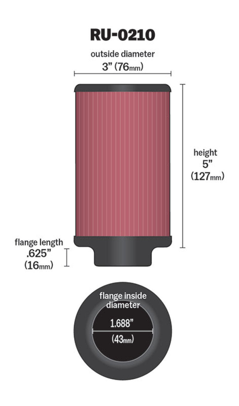 K&N Engineering Universal Rubber Air Filter Part RU-0210 – 1-11/16 inch Flange, 3 inch Outer Diameter, 5 inch Height for Motorcycles and Small Engines
