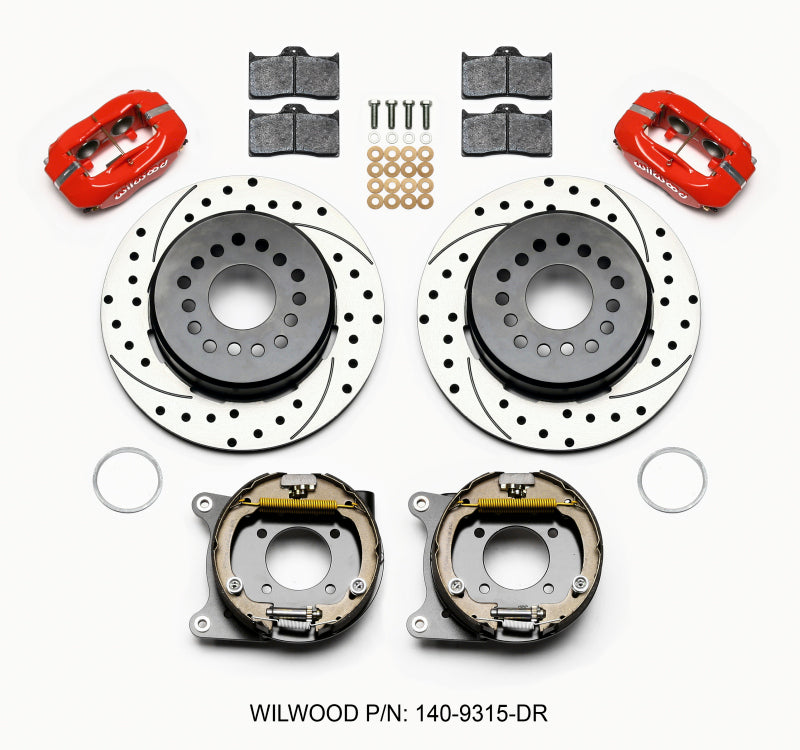 Wilwood Forged Dynalite P/S Rear Disc Brake Kit with Park Brake – 12.19-inch Drilled Rotors, Red Calipers, 12 Bolt 2.75-inch Offset
