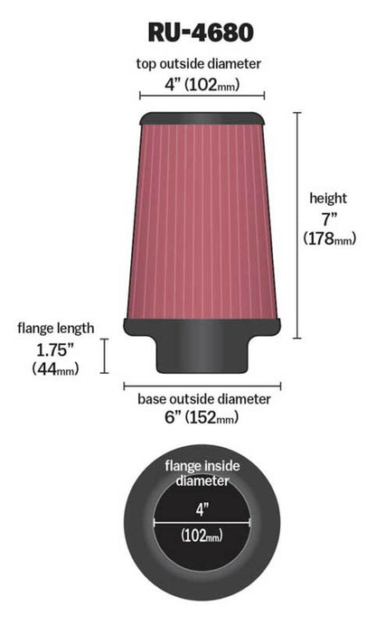 K&N Engineering Universal Clamp-On Air Filter 4-inch Flange, 6-inch Body, 4-inch Top, 7-inch Height - Model RU-4680