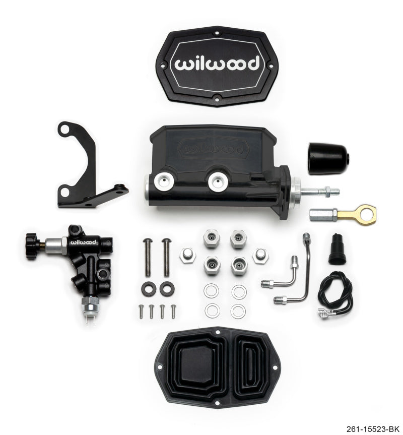 Wilwood Compact Tandem Master Cylinder 15/16 Inch Bore with Bracket and Valve for Mustang (Pushrod) - Black, Part #261-15523-BK
