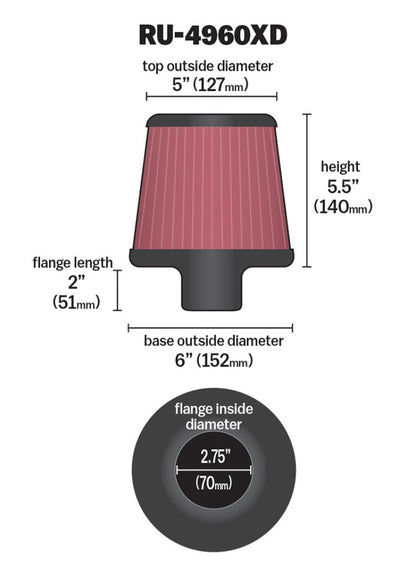 K&N Engineering RU-4960XD Universal Clamp-On Round Tapered Air Filter for Ford Focus and Chevrolet Sonic
