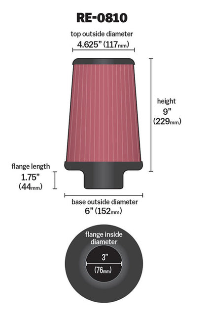 K&N Engineering Universal Rubber Air Filter – 3 Inch Flanged, 6 Inch Outer Diameter, 4-5/8 Inch Outer Diameter Top, 9 Inch Length