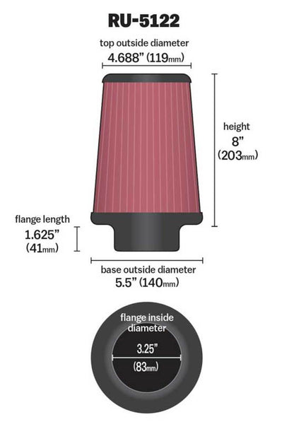 K&N Universal Rubber Air Filter with 3.25-inch Flange – Part Number RU-5122