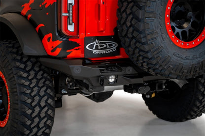 Addictive Desert Designs Stealth Fighter Rear Bumper for Ford Bronco 2021-2023 – Hammer Black with Satin Black Panels and Cube Light Mounts