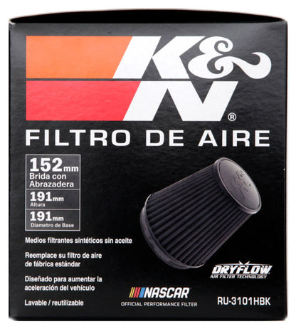 K&N Engineering RU-3101HBK Black Universal Rubber Round Tapered Air Filter - 6 inch Flange, 8 inch Height