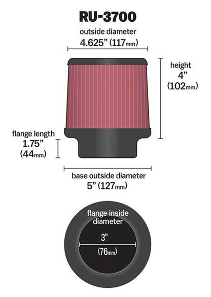 K&N Engineering Universal Rubber Air Filter Round Tapered 4.625 in Top OD x 5 in Base OD x 4 in Height for Nissan Sentra 2007-2011