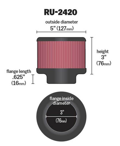 K&N Engineering Universal Rubber Air Filter with 3 Inch Flange and 5 Inch Outer Diameter