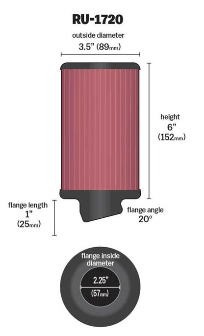 K&N Engineering Universal Rubber Round Air Filter with 20 Degree Flange - 2.25 Inch Flange ID, 3.5 Inch Outer Diameter, 6 Inch Height