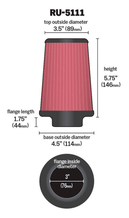 K&N Engineering Universal Rubber Air Filter Part RU-5111 – 4.5 Inch Base, 3.5 Inch Top, 5.75 Inch Height