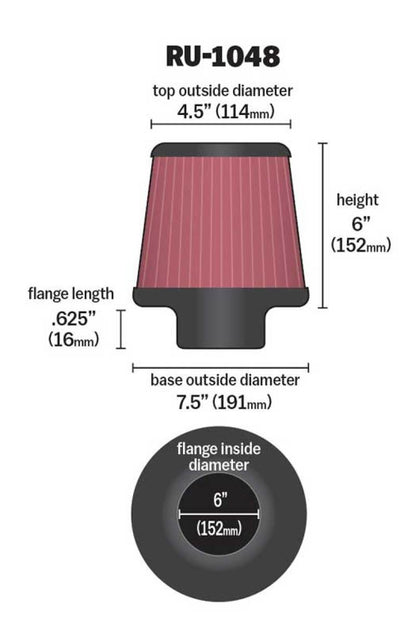 K&N Universal Clamp-On Air Filter 6-inch Flange – Versatile Automotive Air Intake Solution