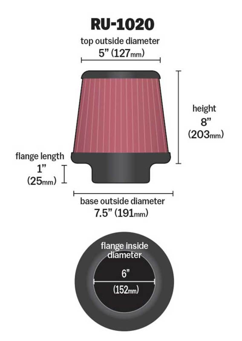 K&N Engineering Universal Tapered Air Filter 6-inch Flange | Model RU-1020