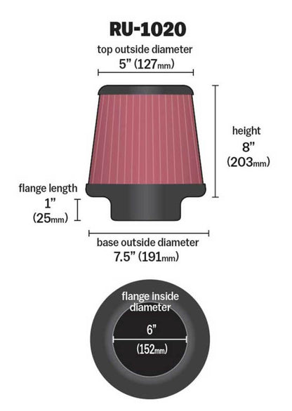 K&N Engineering Universal Tapered Air Filter 6-inch Flange | Model RU-1020