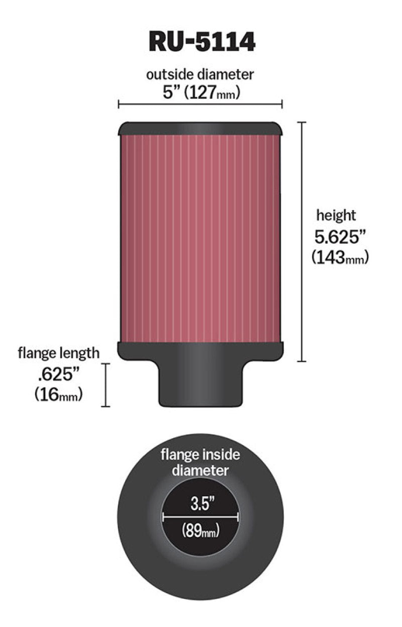 K&N Engineering Universal Rubber Air Filter with 3.5-inch Flange ID, 5-inch Outer Diameter, and 5.625-inch Height
