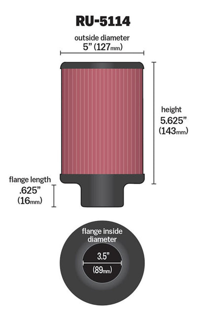 K&N Engineering Universal Rubber Air Filter with 3.5-inch Flange ID, 5-inch Outer Diameter, and 5.625-inch Height