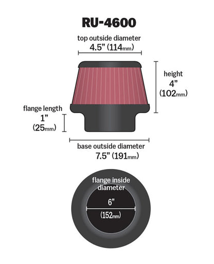 K&N Engineering RU-4600 Universal 6-Inch Flanged Air Filter for Automotive and Equipment Applications
