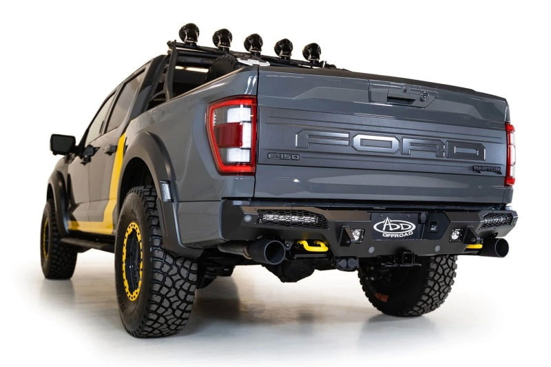 Addictive Desert Designs HoneyBadger Rear Bumper for Ford Raptor 2021-2023 with 10-inch LED Mounts and Satin Black Panels