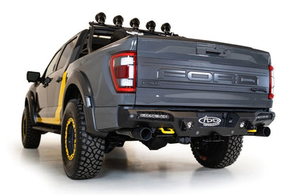 Addictive Desert Designs HoneyBadger Rear Bumper for Ford Raptor 2021-2023 with 10-inch LED Mounts and Satin Black Panels