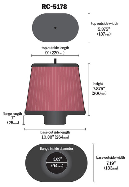 K&N Engineering Universal Oval Straight Air Filter - 3.688-inch Flange ID, 10.25-inch Base Outer Surface Length, 7.875-inch Height