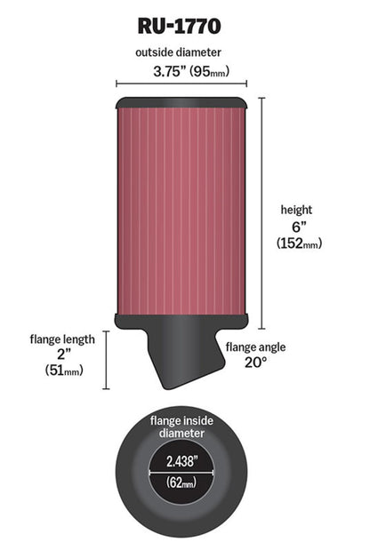 K&N Universal Rubber Air Filter with 2 7/16 Inch Flange – 3 3/4 Inch Outer Diameter, 6 Inch Height