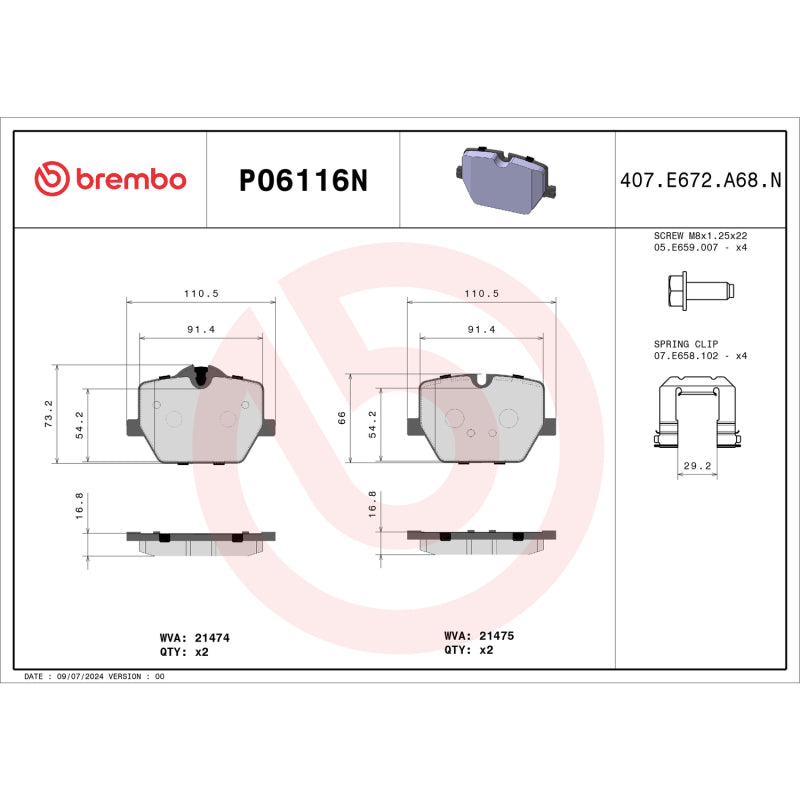 Brembo OE Prime Ceramic Rear Brake Pads for BMW M340i, Z4, and Toyota GR Supra (Part P06116N)