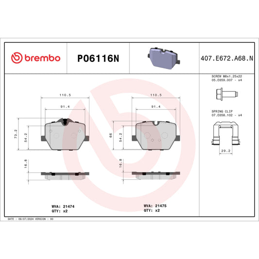 Brembo OE Prime Ceramic Rear Brake Pads for BMW M340i, Z4, and Toyota GR Supra (Part P06116N)