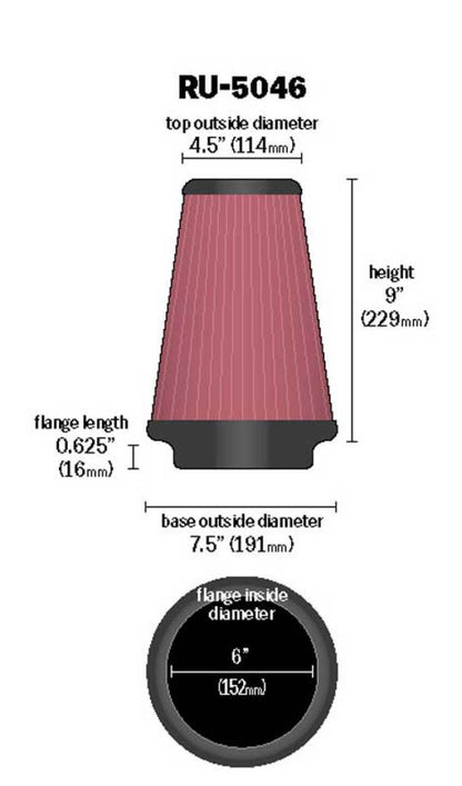 K&N Universal Clamp-On Air Filter 6-inch Flange, 7.5-inch Body for Chevrolet and GMC Vehicles