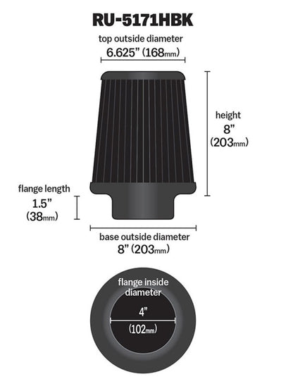 K&N Engineering RU-5171HBK Black Universal Round Tapered Air Filter for Dodge Ram 2500 and 3500