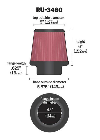 K&N Engineering Universal Rubber Air Filter – 4.5 Inch Flange, 5.87 Inch Base, 5 Inch Top, 6 Inch Height