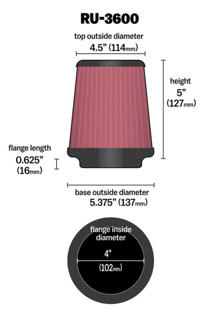 K&N Engineering Universal Air Filter Part RU-3600 - 4-inch Flange, Reusable Automotive Air Filter