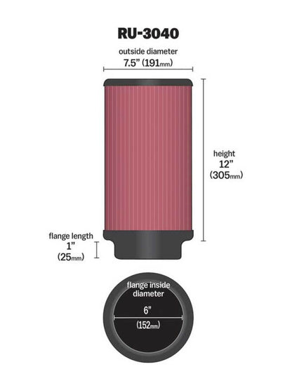 K&N Engineering Universal Rubber Air Filter – 6 Inch ID, 7.5 Inch OD, 12 Inch Height