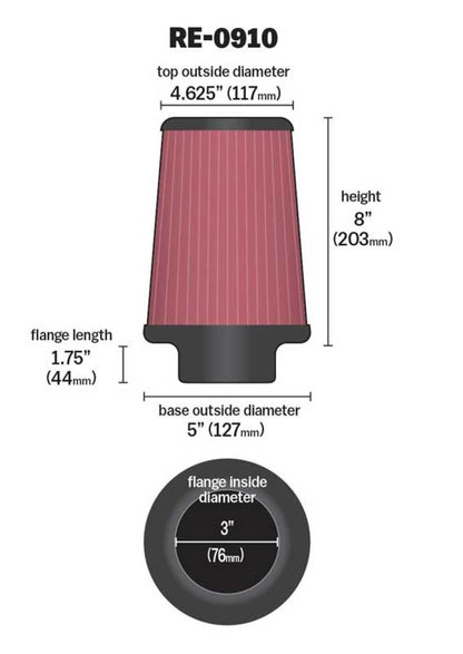K&N Engineering Universal Rubber Air Filter 3-Inch Flanged for Automotive and Equipment Applications (Part No. RE-0910)
