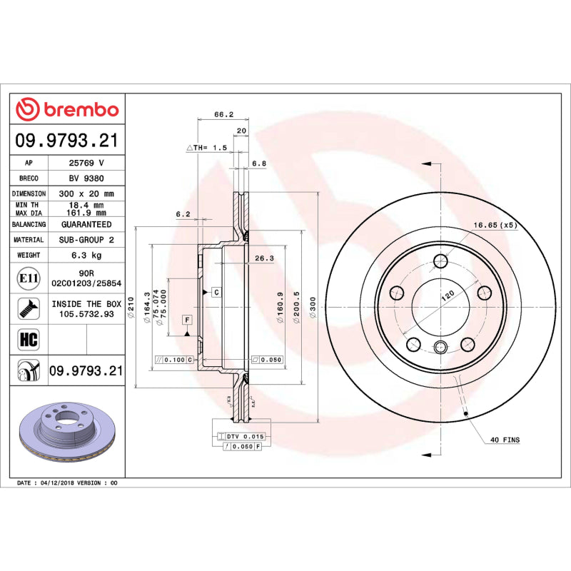 Brembo OE Part Number 09.9793.21 Rear UV Coated Rotor for BMW 3 Series, Dodge Grand Caravan, Volkswagen Routan