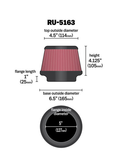 K&N Universal Rubber Air Filter with 5-inch Flange ID – Fits 2014-2016 Buick Verano, Honda Fit, Cadillac ATS