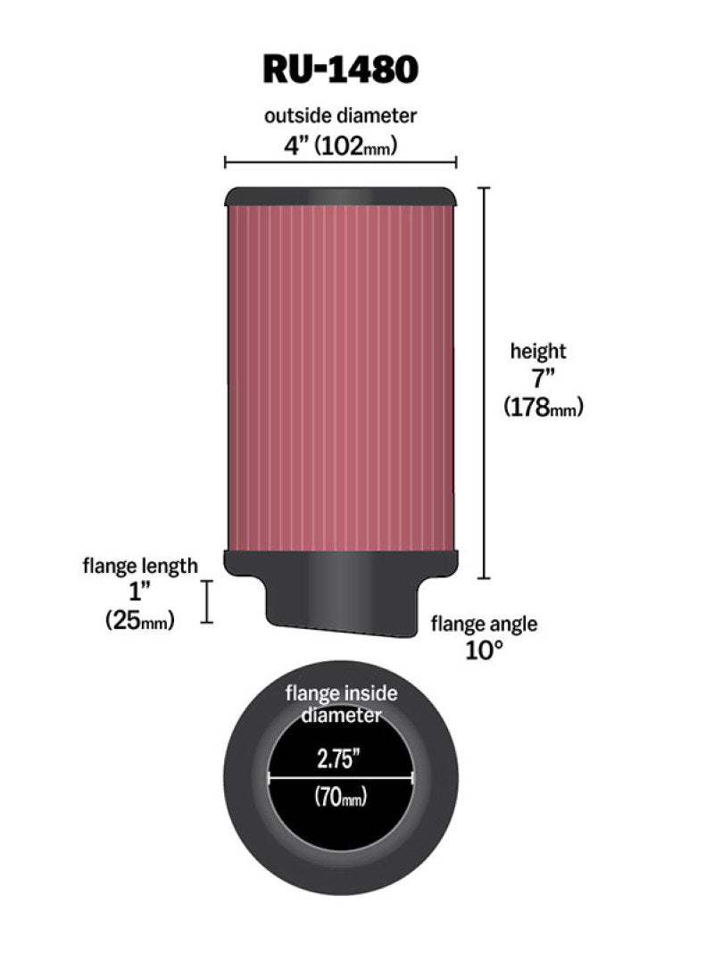 K&N Engineering RU-1480 Universal Rubber Air Filter with 10° Flange Angle, 4-inch Outer Diameter