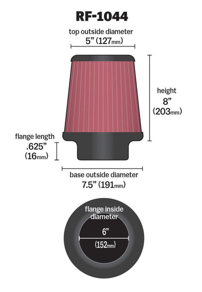 K&N Engineering RF-1044 Universal Round Tapered Air Filter – 6 Inch Flange, 7.5 Inch Base, 5 Inch Top, 8 Inch Height for Ford F-250 Super Duty