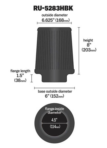 K&N Engineering RU-5283HBK Black Universal Air Filter – 4.5 inch Flange ID x 8 inch Base OD x 6.625 inch Top OD, Round Tapered Design