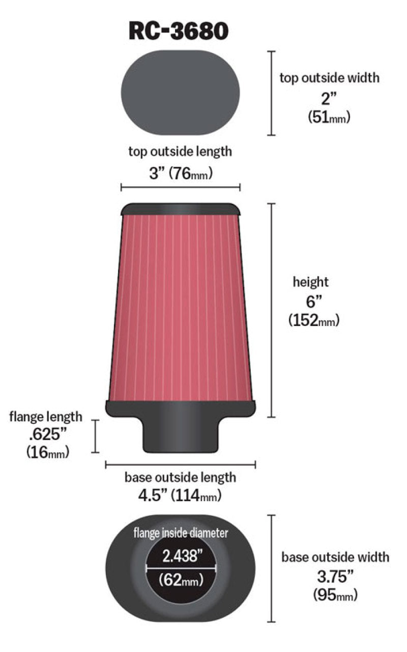 K&N Engineering Universal Clamp-On Air Filter Part RC-3680 – 2 7/16-inch Flange, 4 1/2 x 3 3/4-inch Base, 3 x 2-inch Top, 6-inch Height