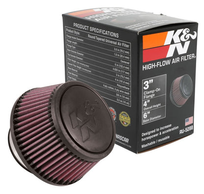 K&N Engineering RU-5288 Universal Round Clamp-On Air Filter – 3-inch Flange ID, 6-inch Base OD, 4.625-inch Top OD, 3-inch Height