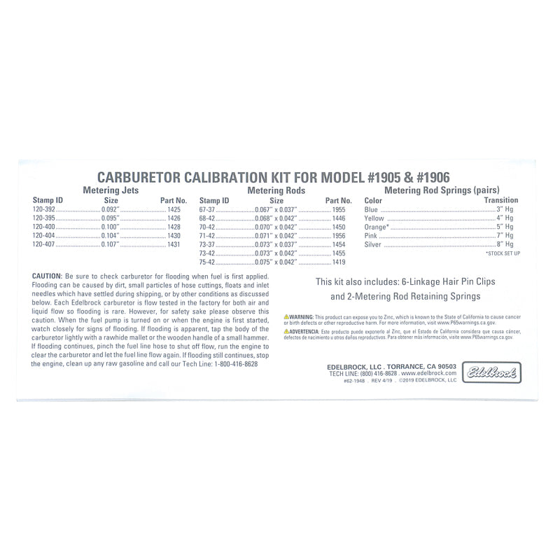 Edelbrock Calibration Kit for 1905 and 1906 Carburetors - Part #1948