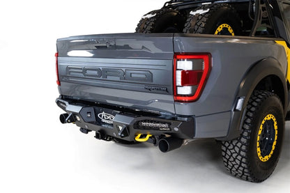 Addictive Desert Designs HoneyBadger Rear Bumper for Ford Raptor 2021-2023 with 10-inch LED Mounts and Satin Black Panels