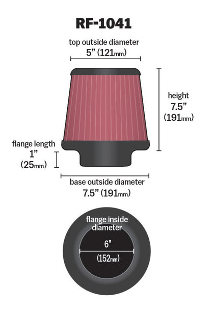 K&N Engineering RF-1041 Round Tapered Universal Air Filter – 6 Inch Flange, 7.5 Inch Base, 5 Inch Top, 7.5 Inch Height