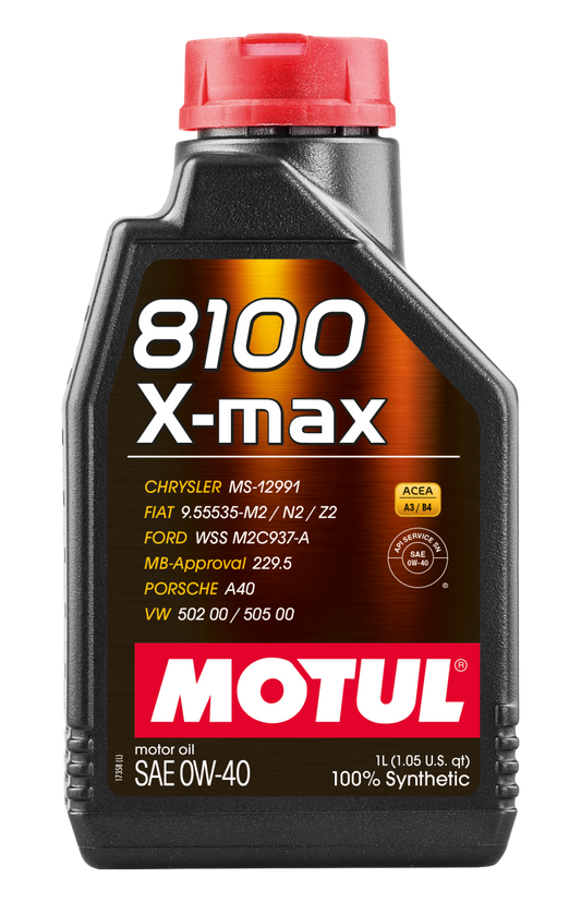 Motul 8100 X-Max 0W-40 Synthetic Engine Oil for BMW and Porsche Vehicles
