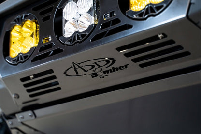 Addictive Desert Designs Bomber Front Bumper for Ford Bronco 2021-2023 with Baja Designs LP4 Mounts and D-Rings in Hammer Black