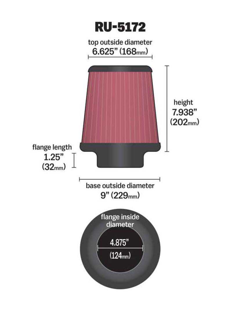 K&N Engineering Universal Rubber Air Filter - Round Tprd, 4.875 Inch Flange ID, 9 Inch Base OD, 6.625 Inch Top OD, 7.94 Inch Height