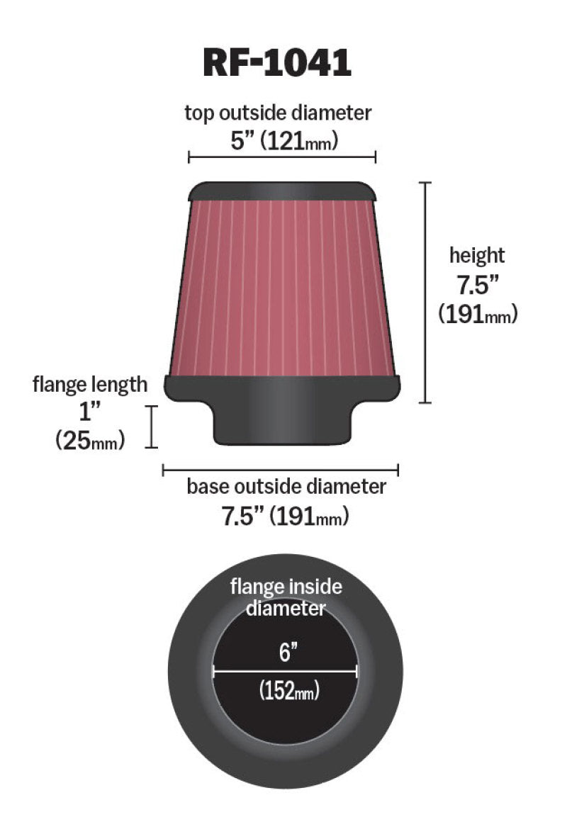 K&N Engineering RF-1041 Round Tapered Universal Air Filter – 6 Inch Flange, 7.5 Inch Base, 5 Inch Top, 7.5 Inch Height