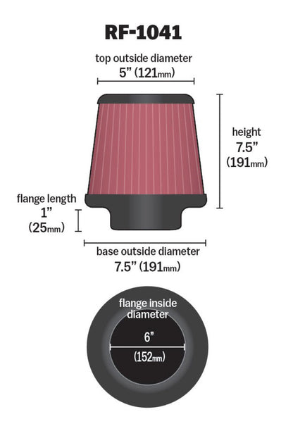 K&N Engineering RF-1041 Round Tapered Universal Air Filter – 6 Inch Flange, 7.5 Inch Base, 5 Inch Top, 7.5 Inch Height