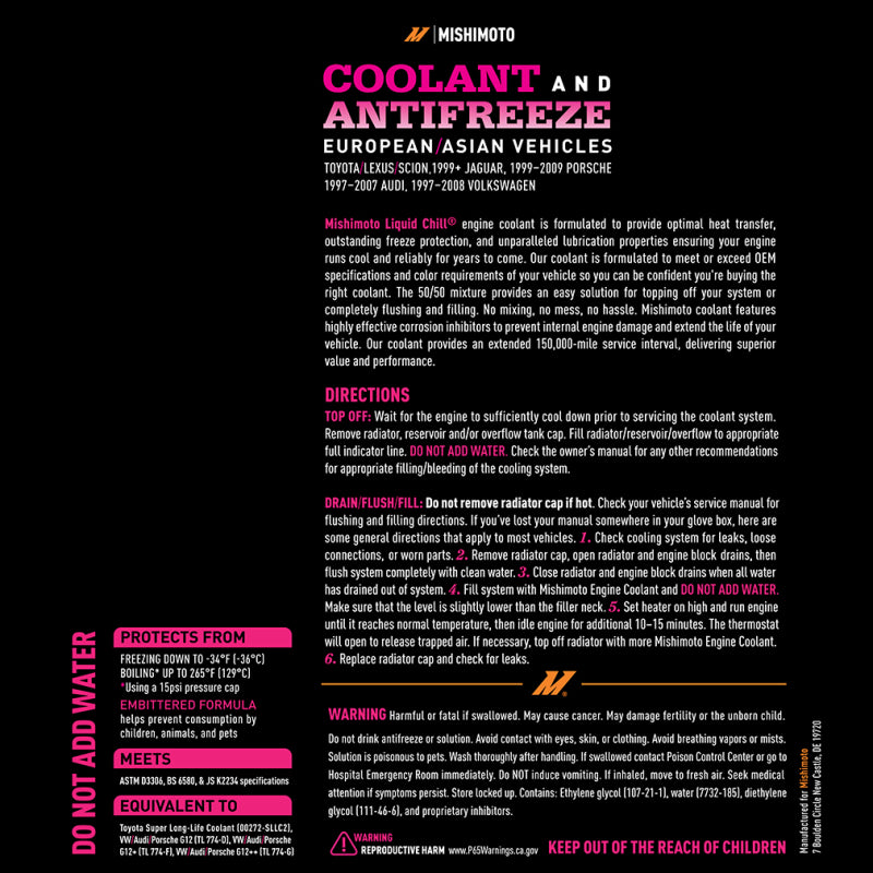 Mishimoto Liquid Chill EG Coolant for European and Asian Vehicles – Pink/Red – Part Number MMRA-LC-EG-PK