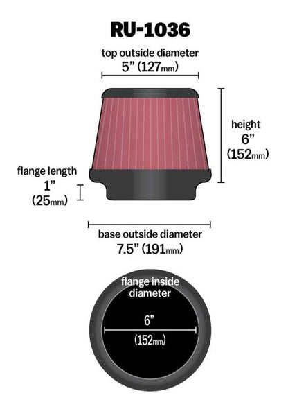 K&N Engineering Universal Clamp-On Air Filter 6 inch Flange, 7.5 inch Base, 5 inch Top, 6 inch Height